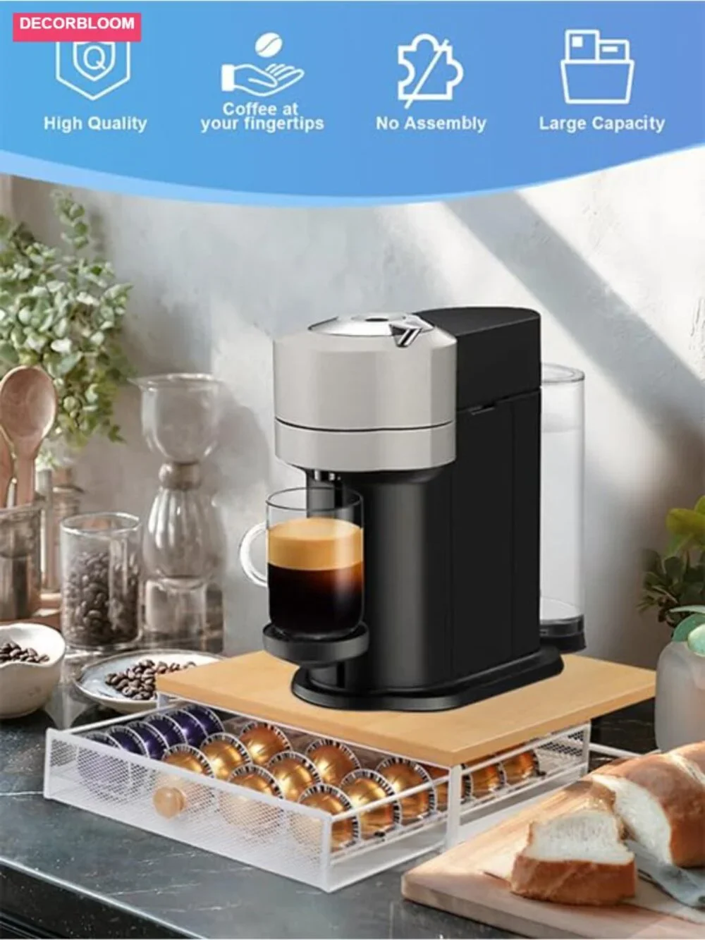 Coffee Pod Storage Drawer and Coffee Maker Stand, Holds 56 Small or 28 Large